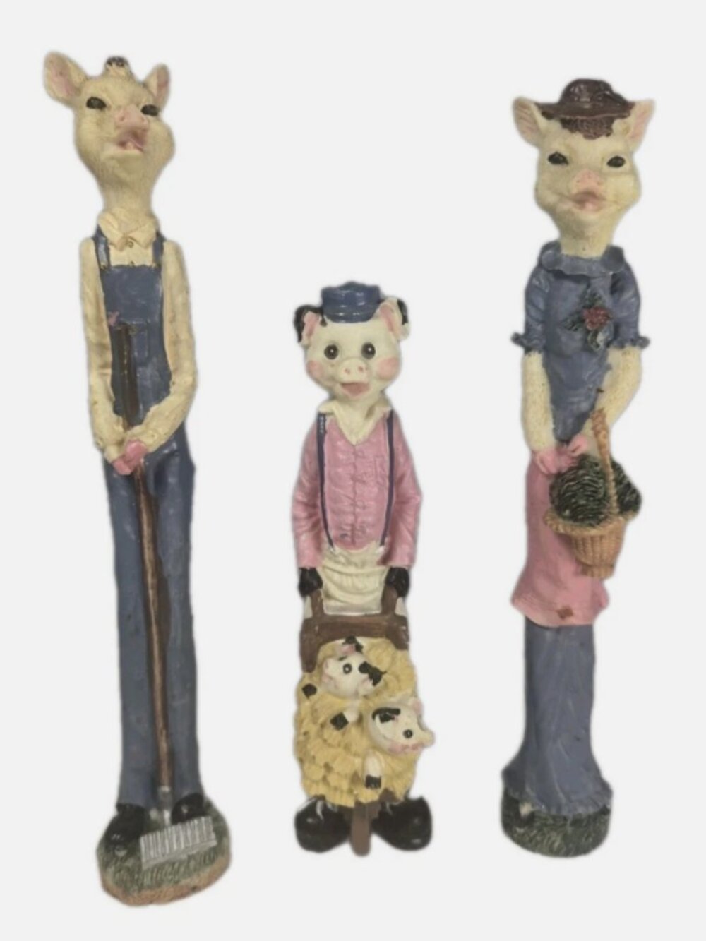 Vintage Artmark Skinny Pig Figurine Set 3 pc Farmer Resin Pencil Family Decor